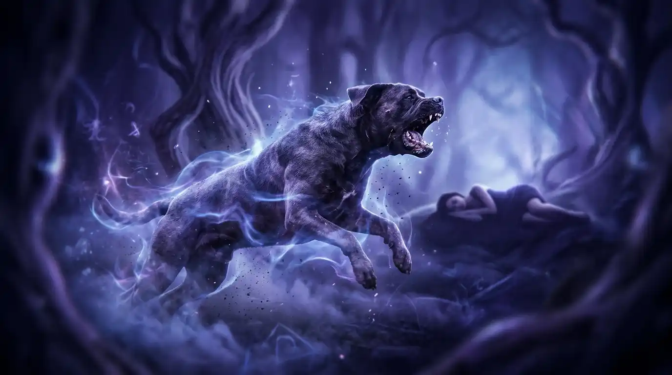 "A surreal dreamlike scene of a large aggressive dog mid-attack, frozen in motion, surrounded by swirling blue and purple mist, ethereal lighting, sleeping woman silhouette in background, mystical atmosphere, soft focus edges, symbolic dream imagery, cinematic composition, deep indigo and violet color palette"