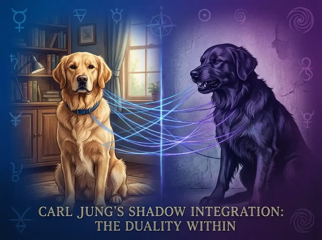 "Split image composition: left side shows a calm domestic dog, right side shows the same dog as aggressive shadow projection, connected by glowing ethereal threads, Carl Jung's shadow integration concept, symbolic psychology art, blue and violet gradient background, mystical scholarly aesthetic" 