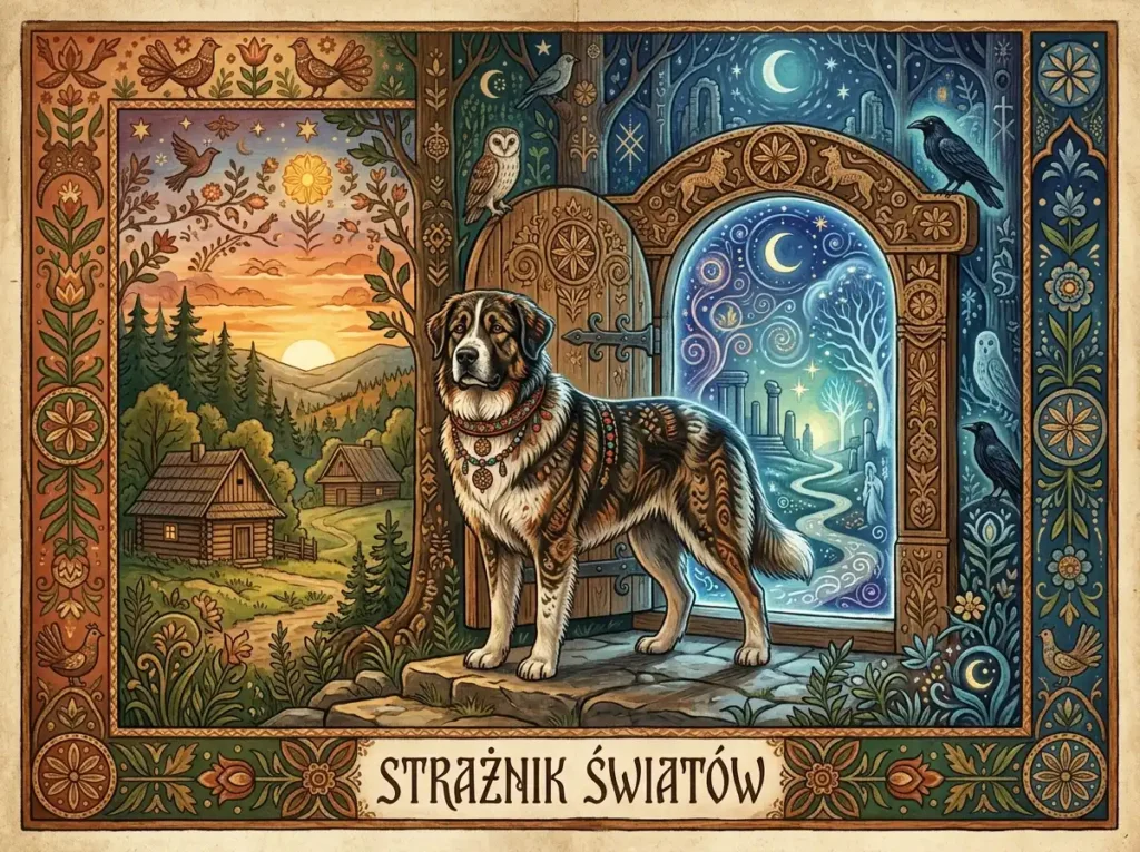 "Traditional Slavic folk art style illustration of a guardian dog at a mystical threshold between two worlds, ancient Polish dream symbolism, ornamental borders with traditional patterns, warm earth tones mixed with mystical blues, vintage dream book aesthetic, folkloric artistic style" 