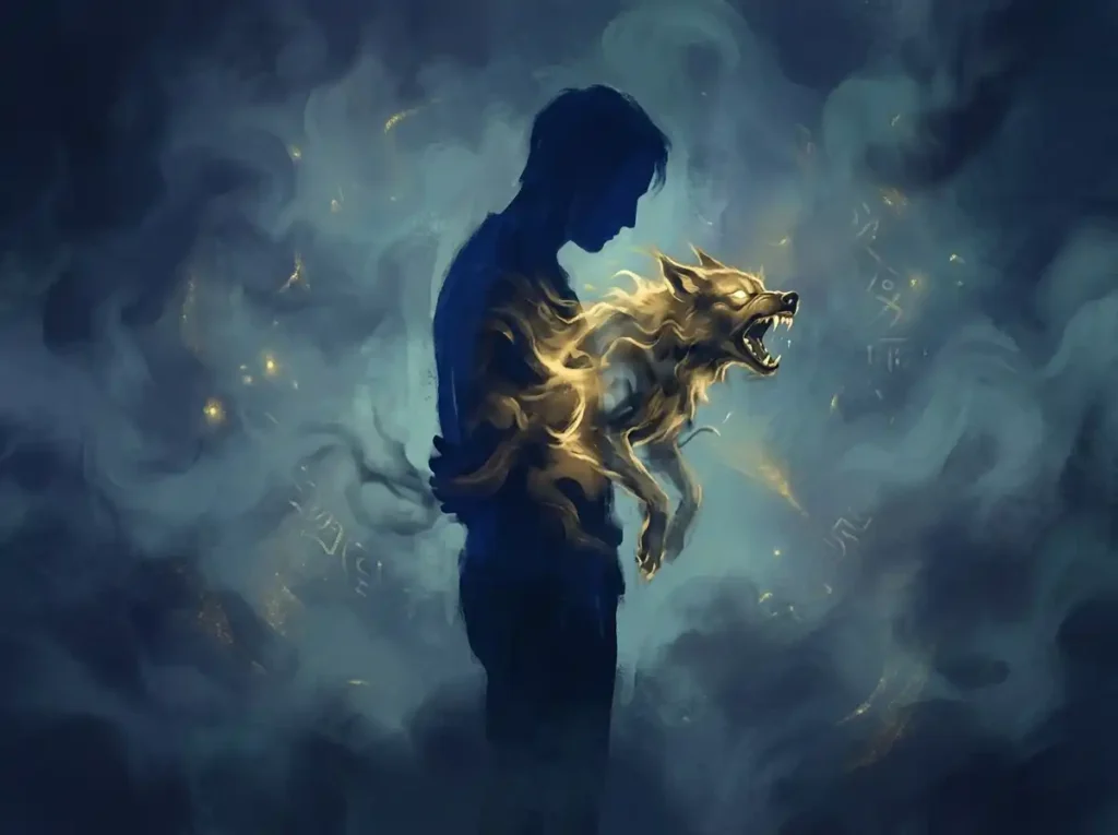 "A surreal dreamlike scene of a large aggressive dog mid-attack, frozen in motion, surrounded by swirling blue and purple mist, ethereal lighting, sleeping woman silhouette in background, mystical atmosphere, soft focus edges, symbolic dream imagery, cinematic composition, deep indigo and violet color palette"